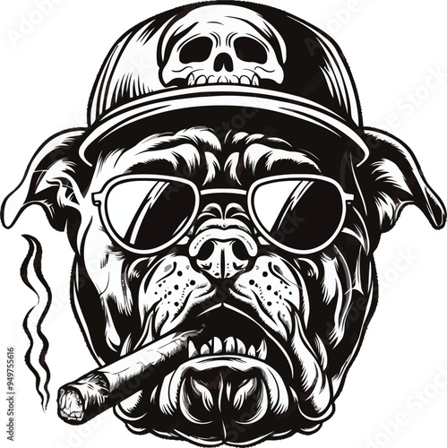 Classic Black and White Engraving of a Pitbull Wearing a Retro Hat and Smoking a Cigar – Vintage Outline Illustration for Apparel and Artwork