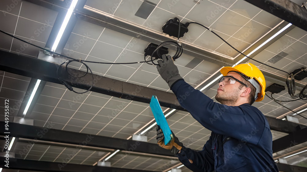 Engineer technical service checking solar panel while monitoring the system of solar panel on his tablet to make sure that's it work properly Engineer technical service checking solar panel while monitoring the system of solar panel on his tablet to make sure that's it work properly