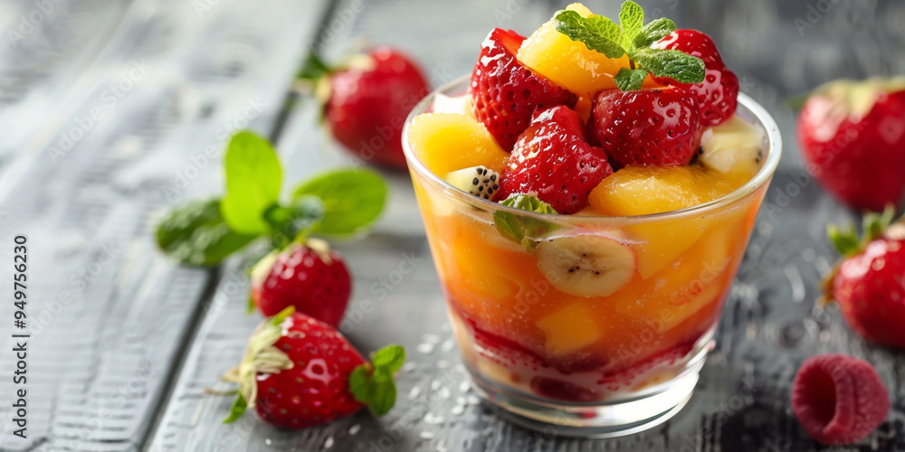 Fresh tasty fruit salad on blue wooden table
