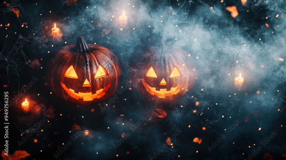 Fototapeta premium Jack o lantern at night. Halloween background with jack o lantern