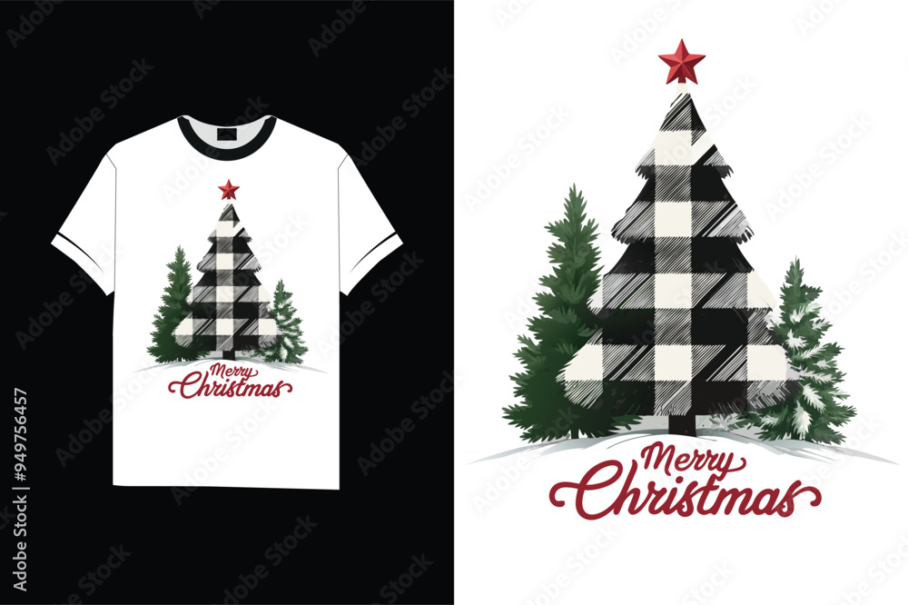 Naklejka premium Buffalo Plaid Christmas Trees with Merry Christmas Text vector t-shirt design