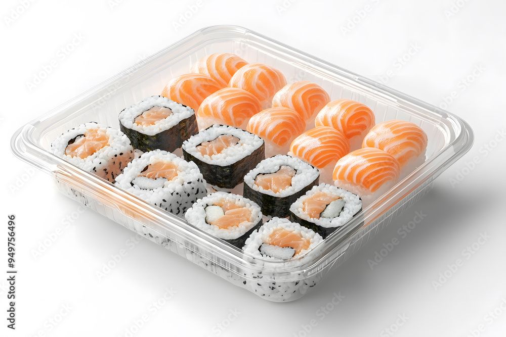 Takeout Sushi and rolls in a plastic food container isolated on white background Takeout Sushi and rolls in a plastic food container isolated on white background
