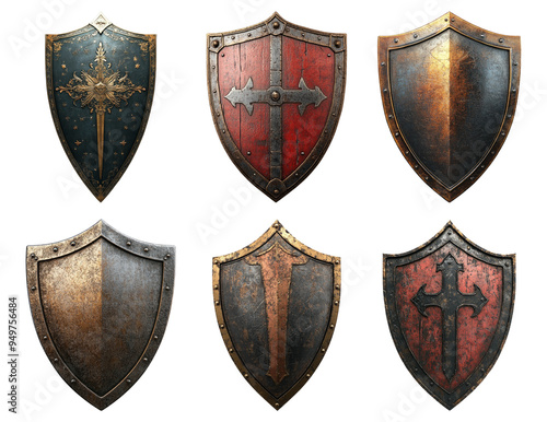 Five antique medieval shields with different emblems isolated on transparent background