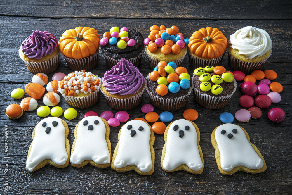 Halloween Cupcakes, Cookies, and Candies on a Wooden Table Halloween Cupcakes, Cookies, and Candies on a Wooden Table