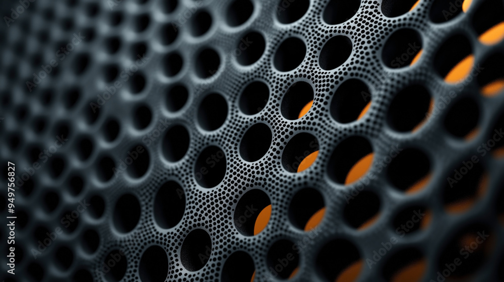 Close-up of a perforated surface with circular holes and orange light bokeh in the background. Close-up of a perforated surface with circular holes and orange light bokeh in the background.