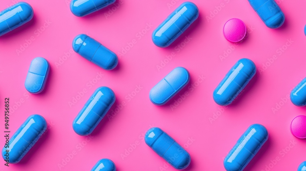 Blue capsules on pink background,Medicines to combat the epidemic and viruses,tablet grid,Drug, tablet, pills,Global healthcare concept. Antibiotics drug resistance,Pharmaceutical industry. Blue capsules on pink background,Medicines to combat the epidemic and viruses,tablet grid,Drug, tablet, pills,Global healthcare concept. Antibiotics drug resistance,Pharmaceutical industry.