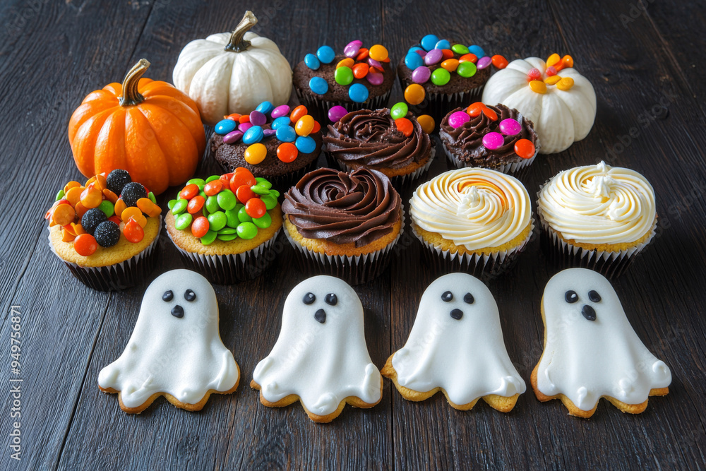 Halloween Cupcakes and Ghost Cookies on Wooden Table Halloween Cupcakes and Ghost Cookies on Wooden Table