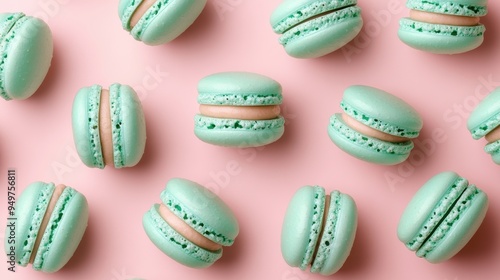 Mint macaroons in a row on pink background,french macaroons,Paris Pastry macaron green tea,Pastry shop card with copy space,french macaroons,bakery and branding concept,copy space.