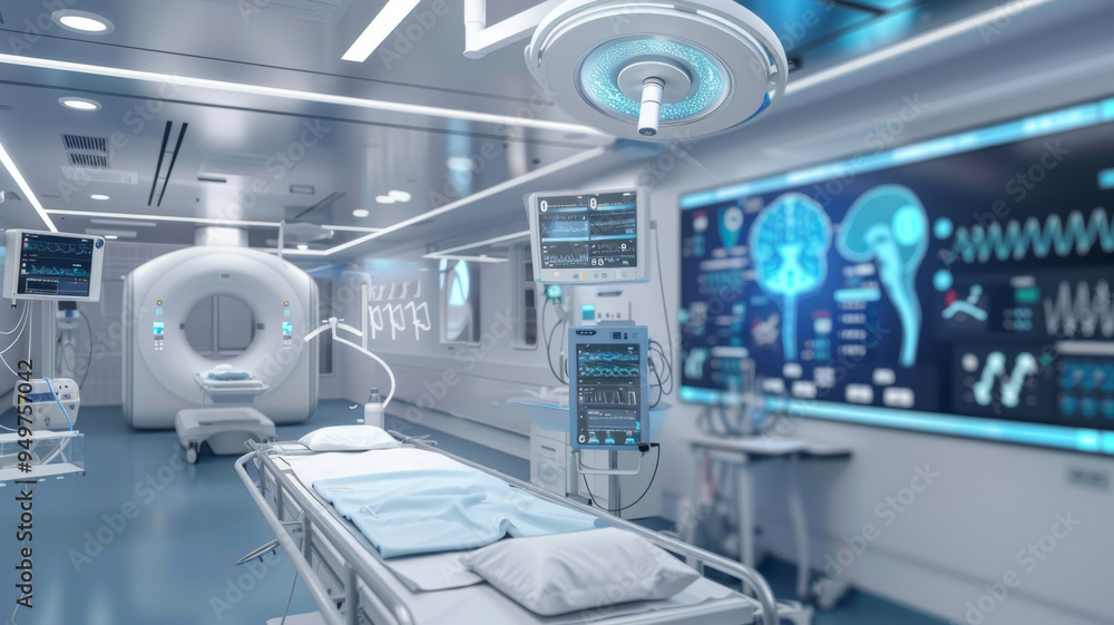 Medical technology hospital setting showcasing use computer technologies for treatment. Concept Hospital Technologies Medical technology hospital setting showcasing use computer technologies for treatment. Concept Hospital Technologies