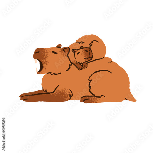 Cute capibara family sleeps together. Baby of capybara naps on its mother. Amusing rodent yawns, relaxes. Sleepy animals have a rest. Flat isolated hand drawn vector illustration on white background
