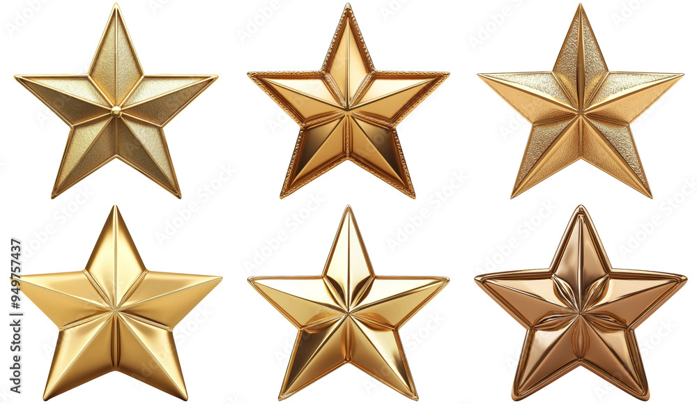 Six golden stars in various sizes and designs isolated on transparent background Six golden stars in various sizes and designs isolated on transparent background