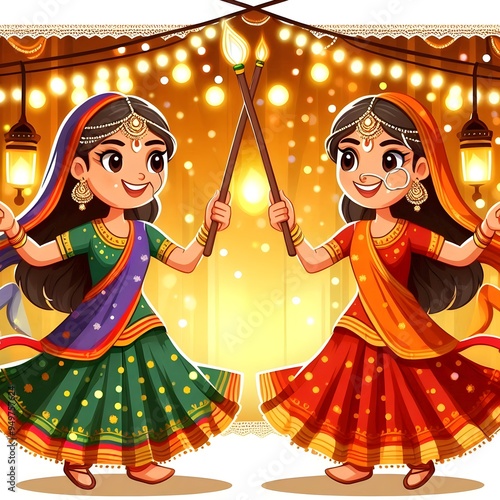 illustration of two womens playing dandiya sticks, garbha in navratri festival, happy chaitra navratri poster. photo