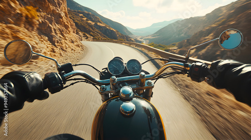 A tight shot of a motorbike’s handlebars and controls, with the rider’s hands gripping them as they lean into a curve on a mountain road.


 photo