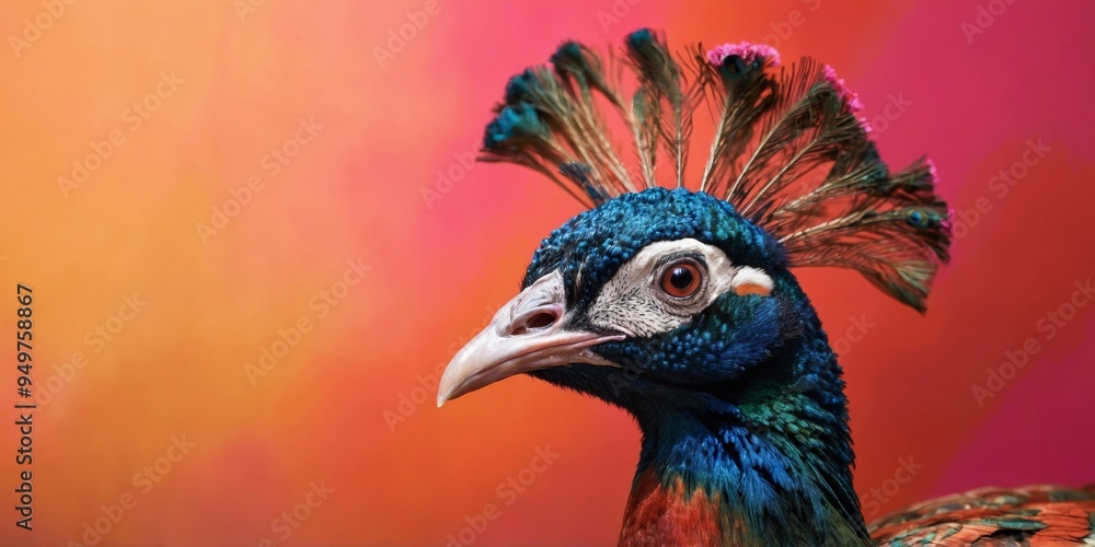 Head of peacock bird in front of pink and orange studio background. Head of peacock bird in front of pink and orange studio background.