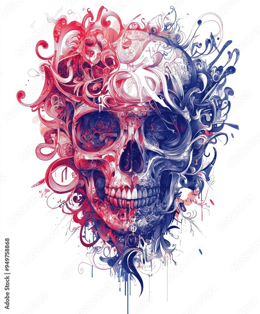 A colorful skull illustration surrounded by intricate swirls and patterns. A colorful skull illustration surrounded by intricate swirls and patterns.