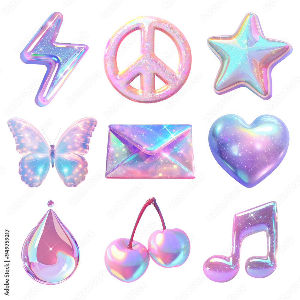 PNG 3d y2k hologram design element set, transparent background PNG 3d y2k hologram design element set, transparent background