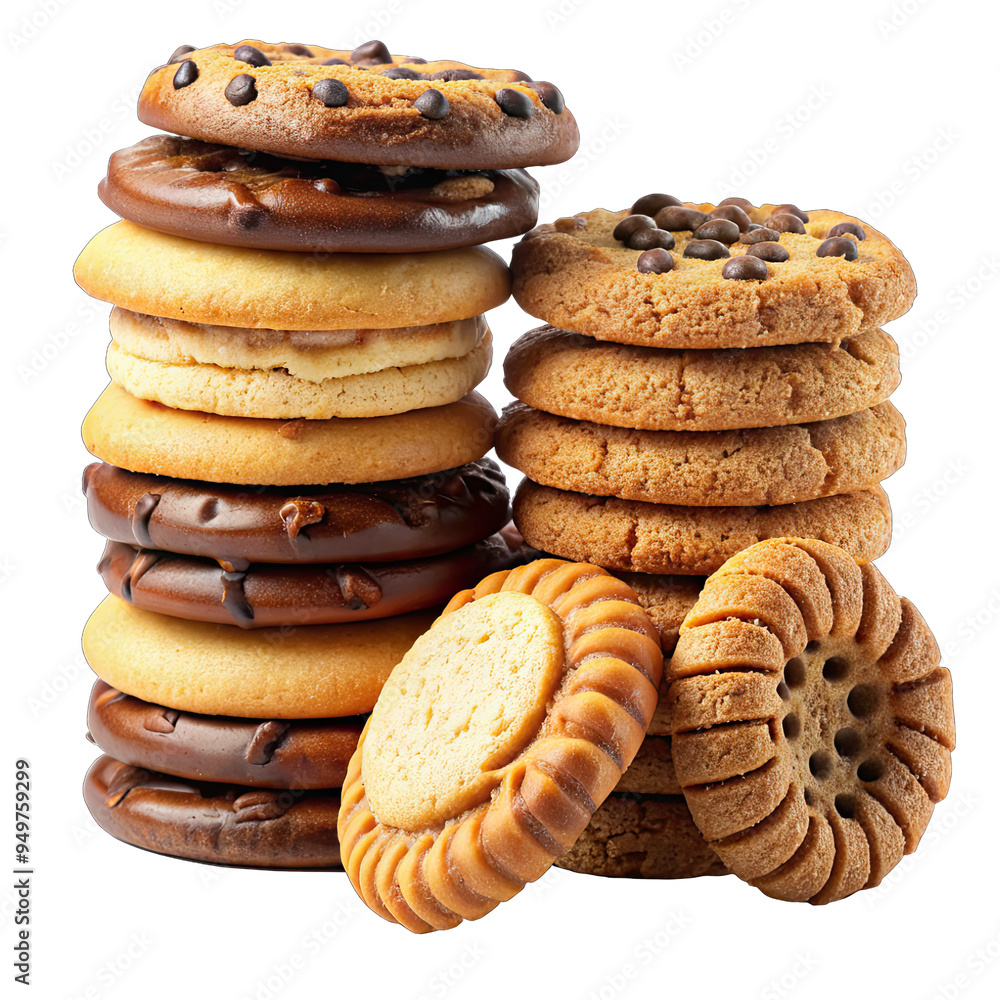 A stack of chocolate chip cookies and butter cookies are isolated on a white background A stack of chocolate chip cookies and butter cookies are isolated on a white background