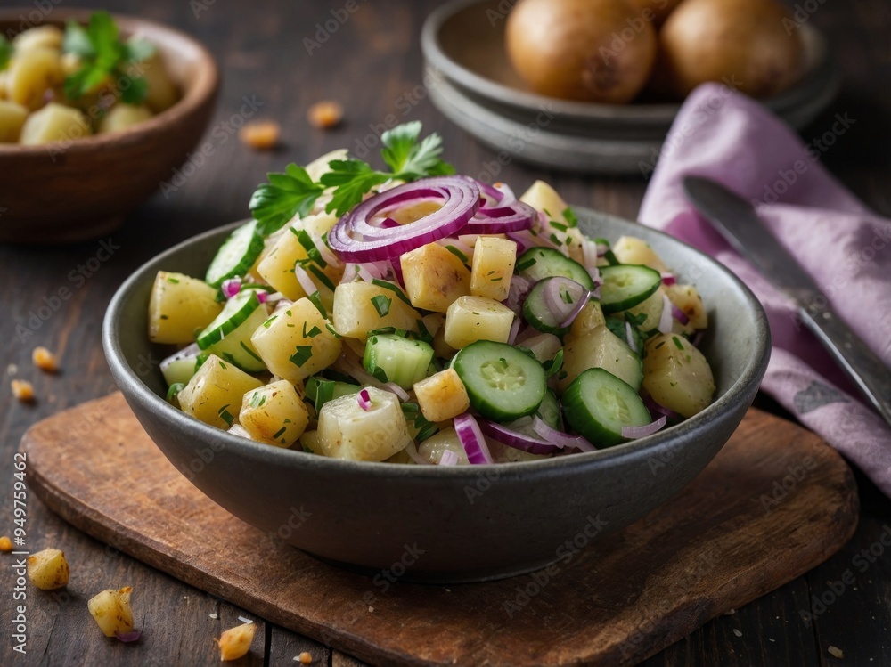 German potato salad with red onion and cucumber. German potato salad with red onion and cucumber.