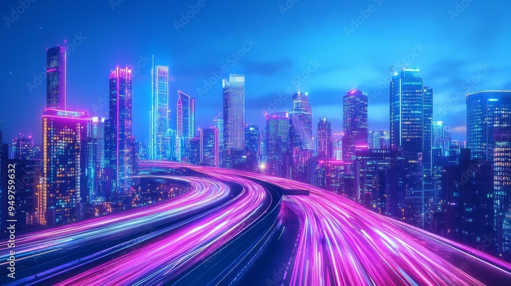 Fototapeta premium A city skyline at night with neon lights and motion blur, representing the fast-paced urban lifestyle.
