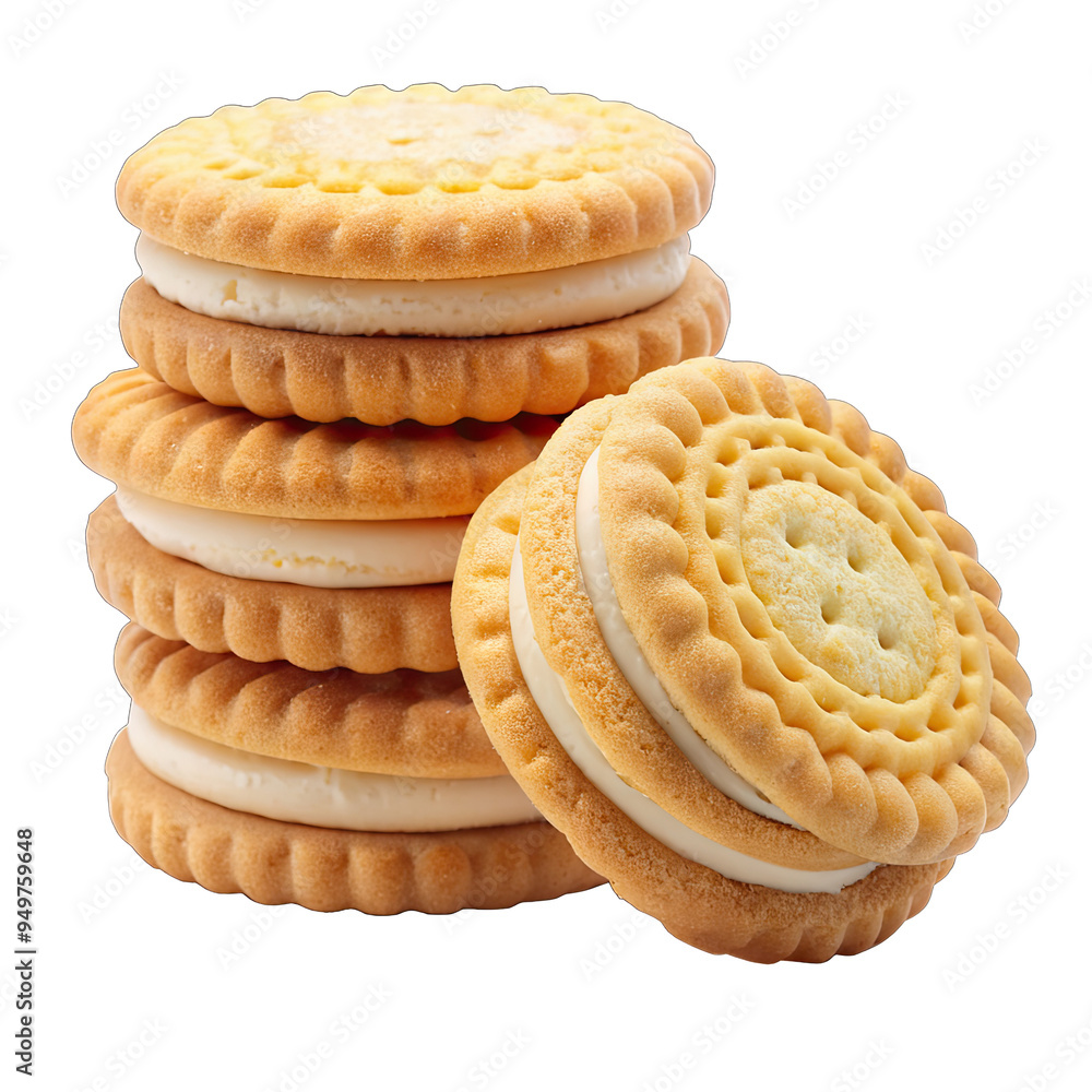 A stack of cream-filled cookies are isolated on a white background, ready to be enjoyed A stack of cream-filled cookies are isolated on a white background, ready to be enjoyed