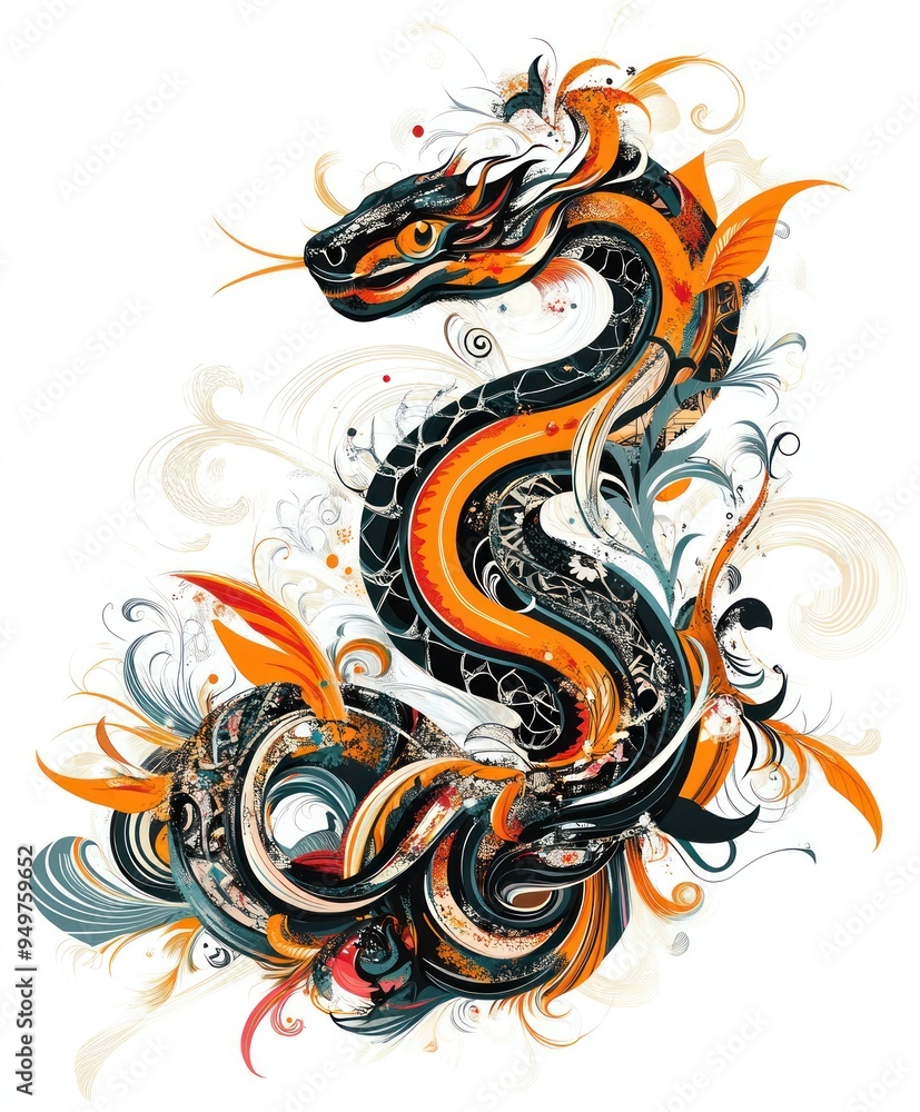 A colorful, artistic depiction of a dragon-like snake with intricate designs and flowing elements. A colorful, artistic depiction of a dragon-like snake with intricate designs and flowing elements.