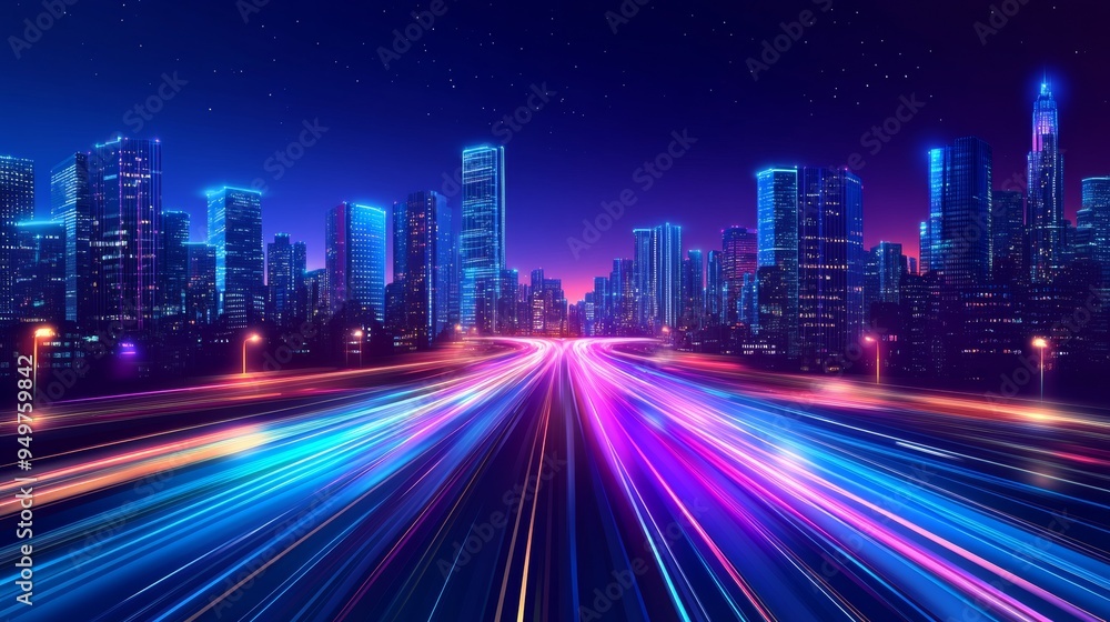A city skyline at night with neon lights and motion blur, representing the fast-paced urban lifestyle. A city skyline at night with neon lights and motion blur, representing the fast-paced urban lifestyle.