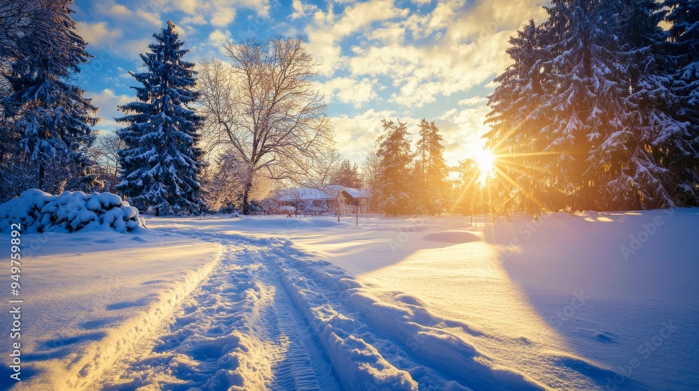 A winter wonderland scene with a snow-covered path leading to a cozy cabin, surrounded by frosty trees and soft sunlight. Perfect for holiday and winter themes. A winter wonderland scene with a snow-covered path leading to a cozy cabin, surrounded by frosty trees and soft sunlight. Perfect for holiday and winter themes.