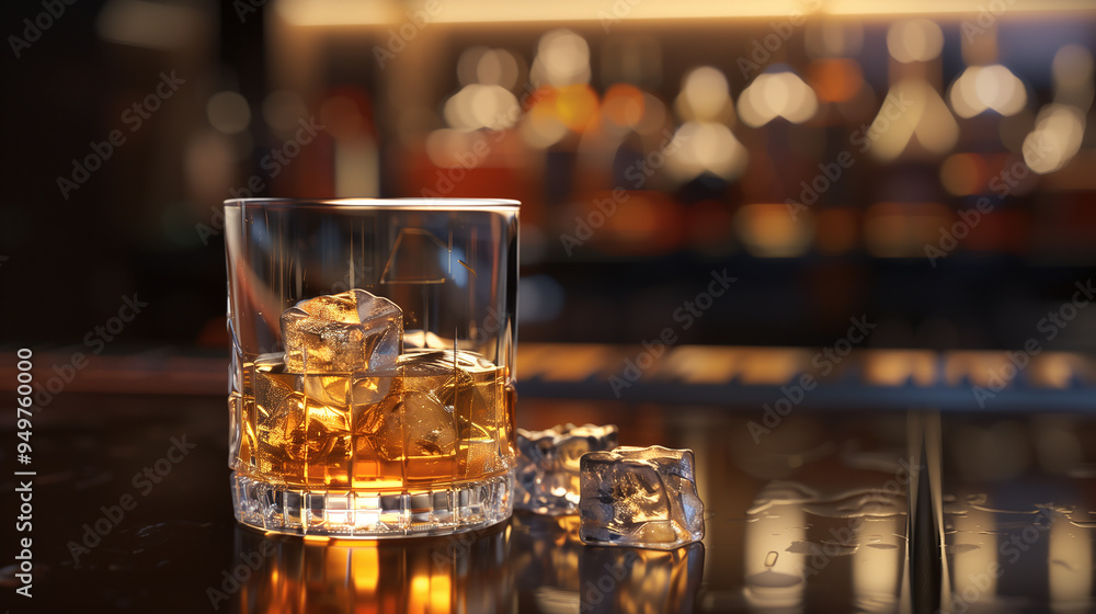 A glass of whiskey sits on a bar counter A glass of whiskey sits on a bar counter