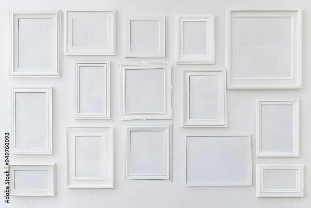 Collection of Various White Picture Frames on White Wall Mock up Collection of Various White Picture Frames on White Wall Mock up