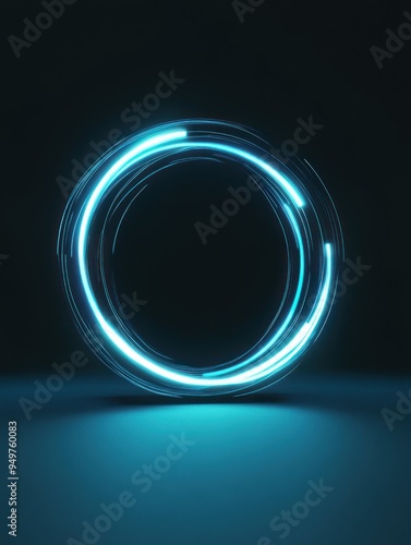 A glowing blue circular light design against a dark background, suggesting technology or motion.