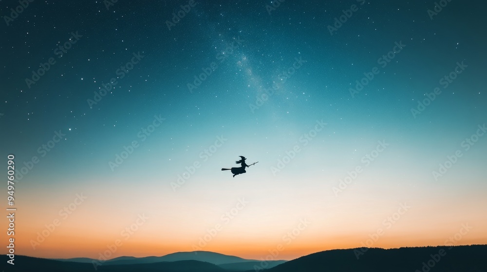Silhouette of a witch flying on a broomstick against a starry sky at sunset. Silhouette of a witch flying on a broomstick against a starry sky at sunset.