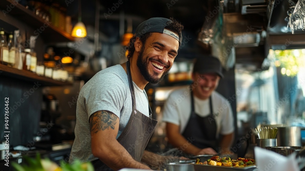 A man with a smile on his face is standing in a kitchen A man with a smile on his face is standing in a kitchen
