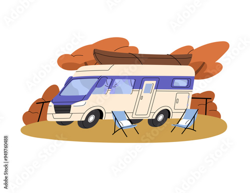 Campers caravan for camping in nature. Motorhome for family journey stands on campsite. Retro auto home for travel. Car, automobile for tourism. Flat isolated vector illustration on white background