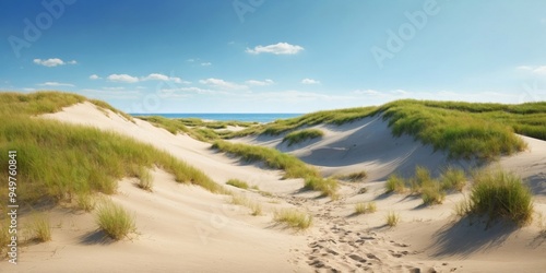 sand dunes with grass and blue sky sandy beach nature landscape and summer background.