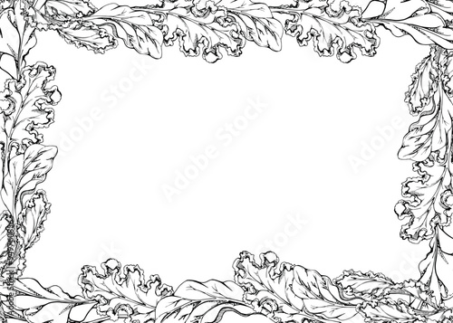 Hand drawn vector ink green salad spinach kale leaf for diet and healthy lifestyle, vegan cooking. Illustration border frame isolated on white background. Design recipe book, website, card, menu