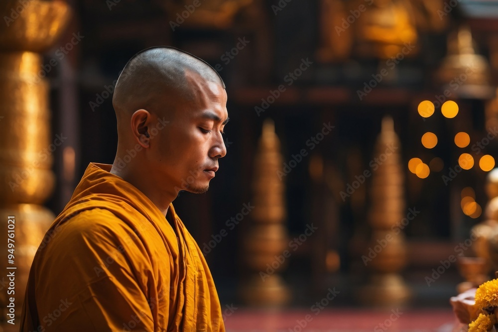 Fototapeta premium Praying Buddhist monk in robe in front of golden Buddha statue in temple.