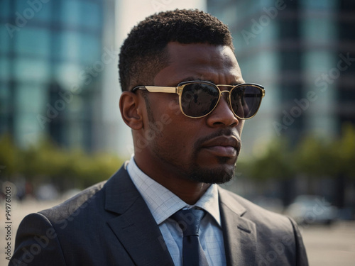 Confident black businessman adjusting sunglasses outdoors. photo