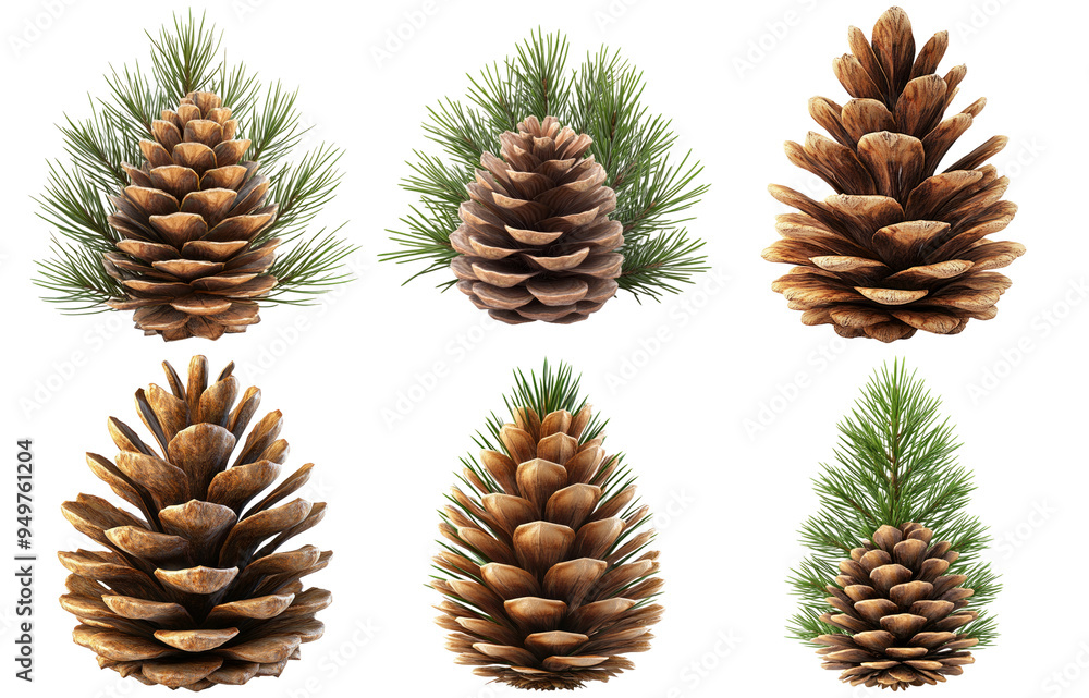 Pine cones and evergreen branches in different arrangements isolated on transparent background Pine cones and evergreen branches in different arrangements isolated on transparent background