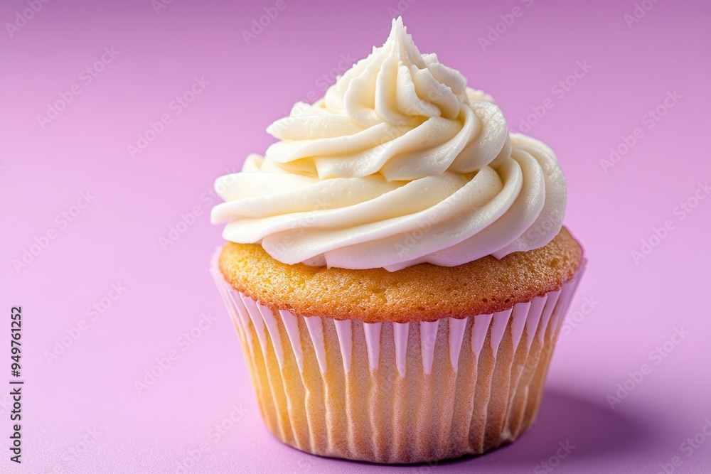 Vanilla Cupcake with Swirled Frosting on Purple Background Vanilla Cupcake with Swirled Frosting on Purple Background