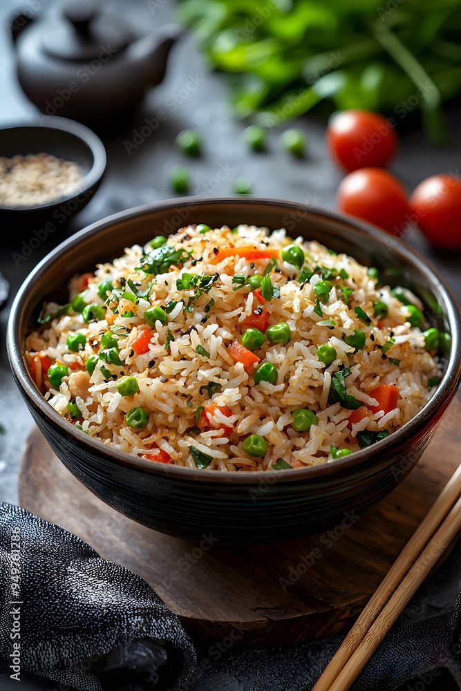 Fried Rice - A dish made with rice stir-fried with vegetables, eggs, and soy sauce, often including meat or seafood. Fried Rice - A dish made with rice stir-fried with vegetables, eggs, and soy sauce, often including meat or seafood.