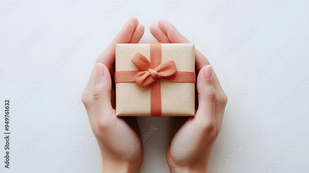 Woman hands holding small gift box isolated on a white background, top view Woman hands holding small gift box isolated on a white background, top view