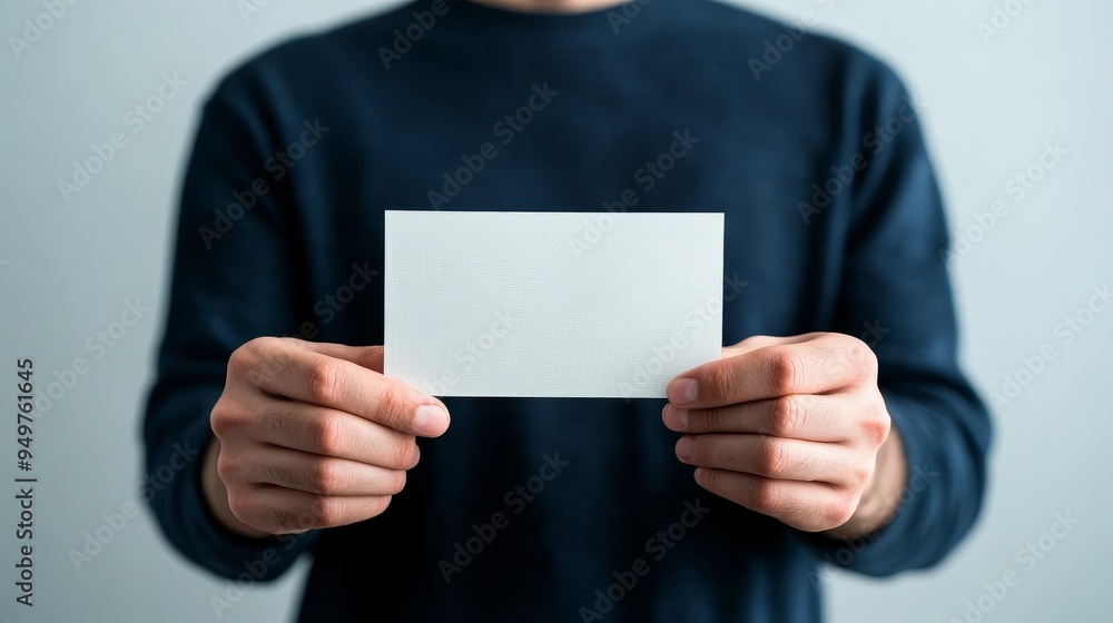 A person holding a blank card in front of them, suitable for customization or branding projects. A person holding a blank card in front of them, suitable for customization or branding projects.