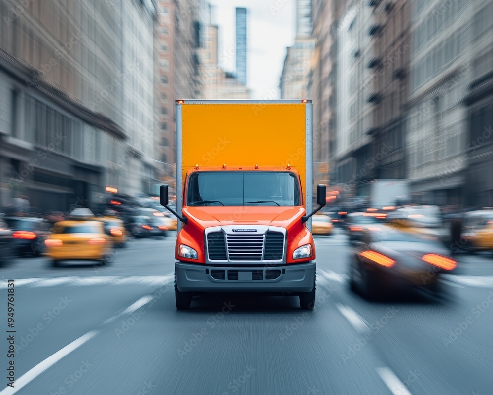Fototapeta premium A red semi-truck with an orange trailer drives through a busy city street.
