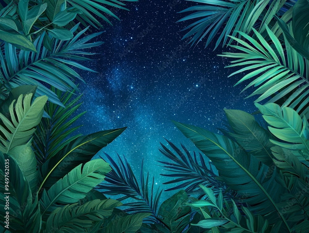Fototapeta premium A serene view of lush green leaves framing a starry night sky, creating a tranquil atmosphere for nature lovers.