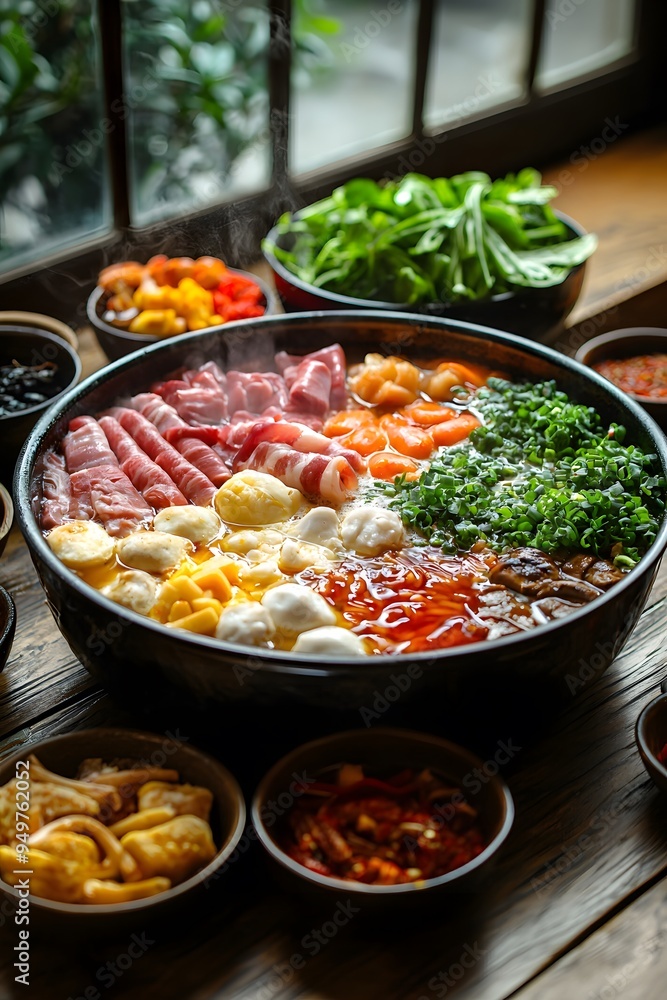 Hot Pot - A communal dish where diners cook raw ingredients like meat, seafood, and vegetables in a simmering pot of broth at the table.. Hot Pot - A communal dish where diners cook raw ingredients like meat, seafood, and vegetables in a simmering pot of broth at the table..
