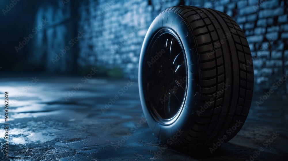 A single tire stands on a wet, reflective pavement under dramatic lighting, creating a moody and industrial atmosphere. A single tire stands on a wet, reflective pavement under dramatic lighting, creating a moody and industrial atmosphere.