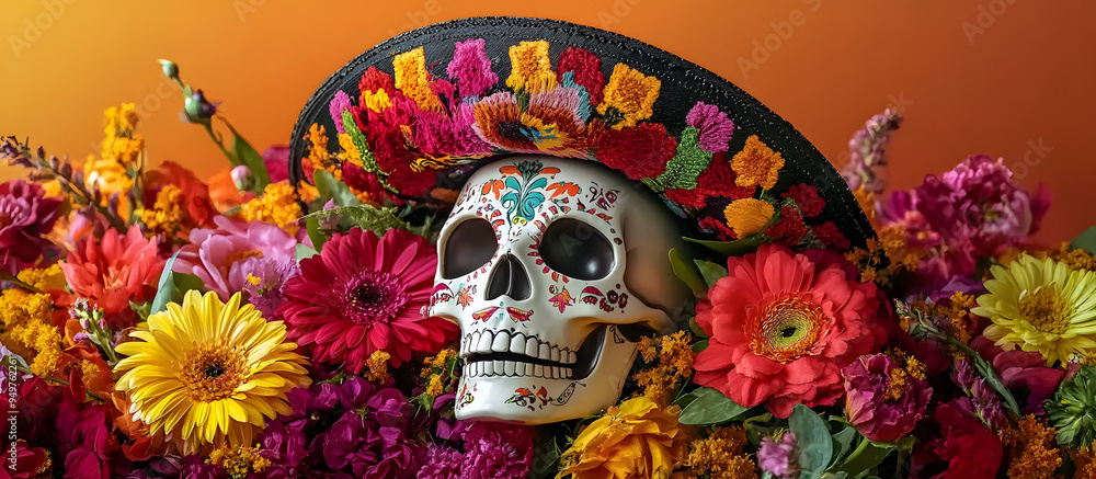 Vibrant Day of the Dead arrangement featuring a skull sombrero and flowers for commercial use like backgrounds posters wallpapers banners greeting cards and business advertising with copy space image Vibrant Day of the Dead arrangement featuring a skull sombrero and flowers for commercial use like backgrounds posters wallpapers banners greeting cards and business advertising with copy space image