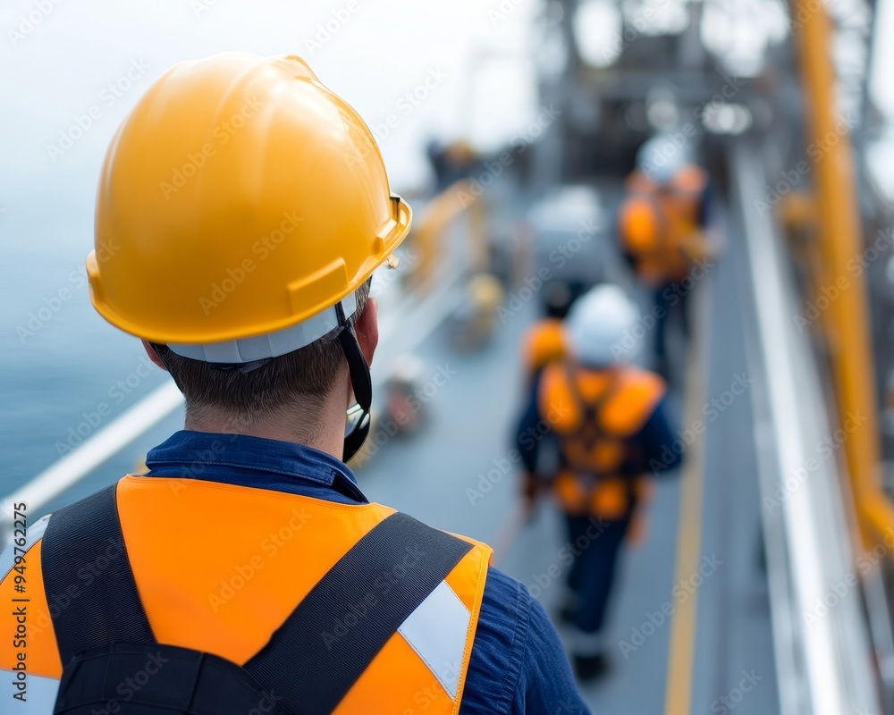 Construction workers in safety gear walk on a platform.