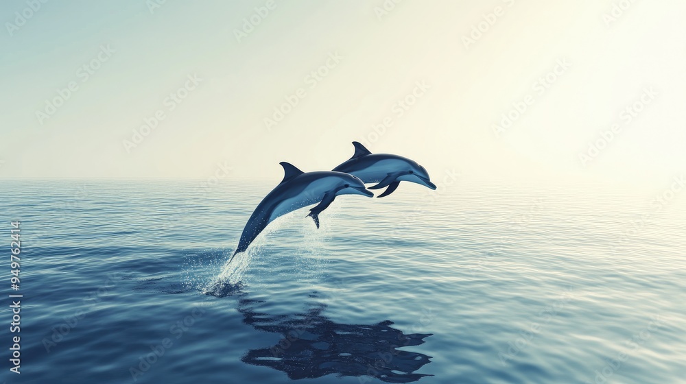 A pair of dolphins jumping out of the water, with a clear horizon and space for text in the sky area A pair of dolphins jumping out of the water, with a clear horizon and space for text in the sky area