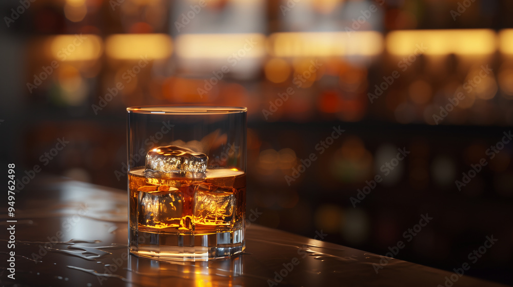 A glass of whiskey sits on a bar counter A glass of whiskey sits on a bar counter
